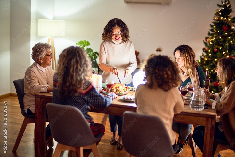 Beautiful group of women smiling happy and confident. Carving roasted turkey celebrating christmas at home Beautiful group of women smiling happy and confident. Carving roasted turkey celebrating christmas at home