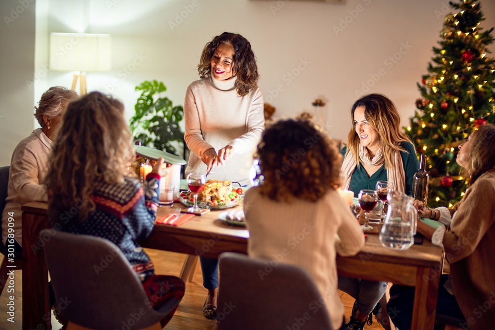 Beautiful group of women smiling happy and confident. Carving roasted turkey celebrating christmas at home Beautiful group of women smiling happy and confident. Carving roasted turkey celebrating christmas at home