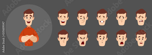 handsome man character with different facial expression set.