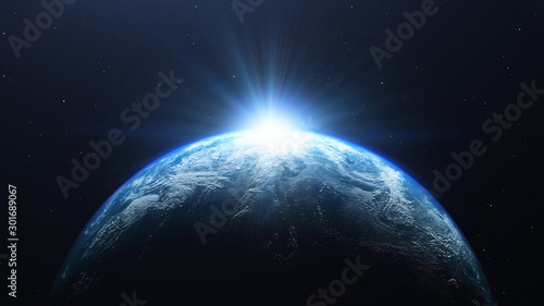 Earth planet with the sun viewed from space   3d render of planet Earth  elements of this image provided by NASA