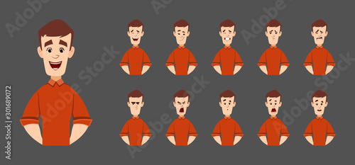 handsome man character with various facial emotions and expression. character for custom animation.
