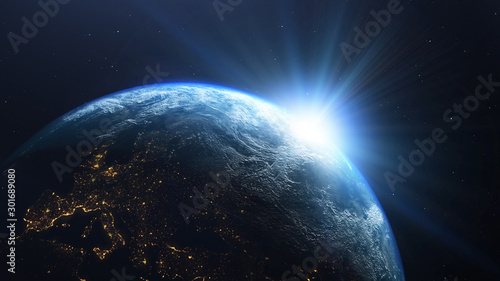 Fototapeta Naklejka Na Ścianę i Meble -  Earth planet with the sun viewed from space , 3d render of planet Earth, elements of this image provided by NASA