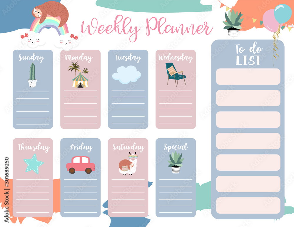 cute weekly planner background with sloth,rainbow,llama,cloud.Vector illustration for kid and baby.Editable element cute weekly planner background with sloth,rainbow,llama,cloud.Vector illustration for kid and baby.Editable element