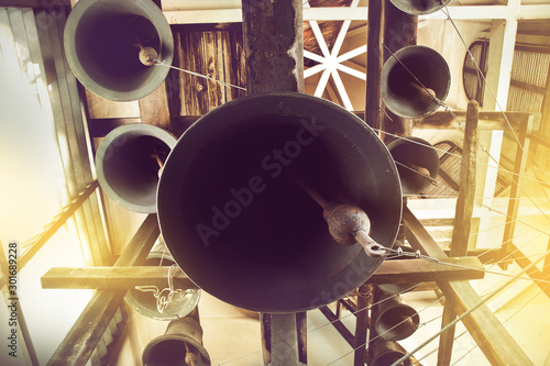 Fotografia, Obraz vintage church bell under tower old christian church in Thailand.