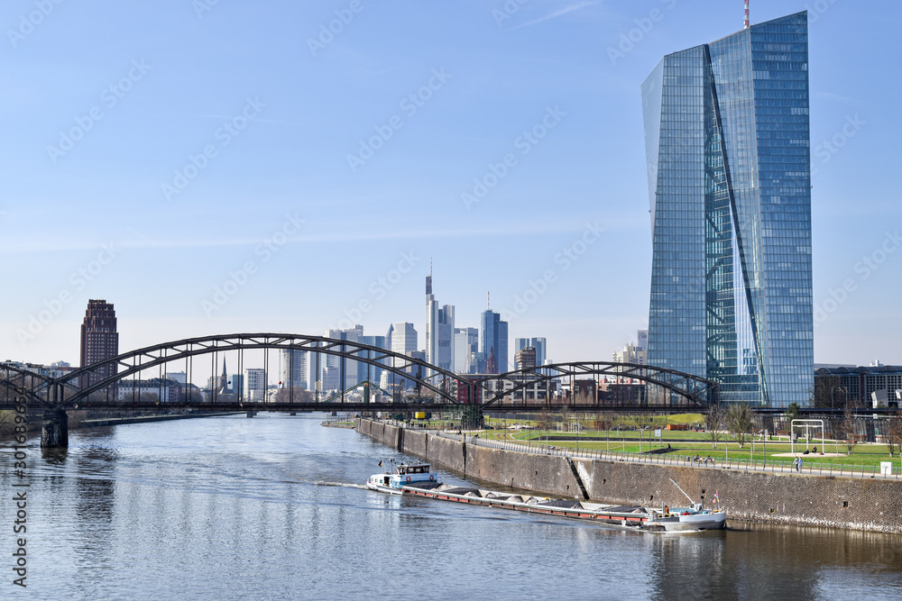 Aerial View of Boat on the Main River and Skyline of Downtown Frankfurt in the Background - Frankfurt, Germany