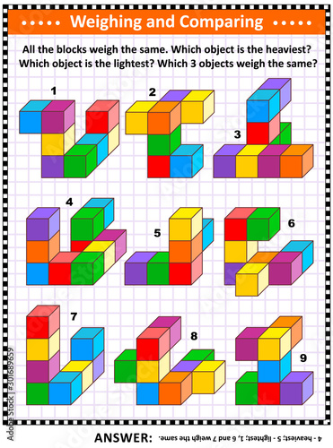 Weighing and comparing math visual puzzle with building blocks: All the blocks weigh the same. Which object is the heaviest? Which object is the lightest? Which 3 objects weigh the same?