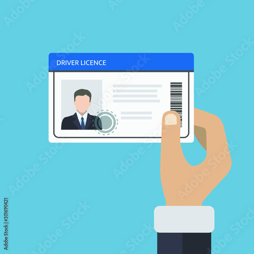 Hand holding id card, car driving license. Vector illustration