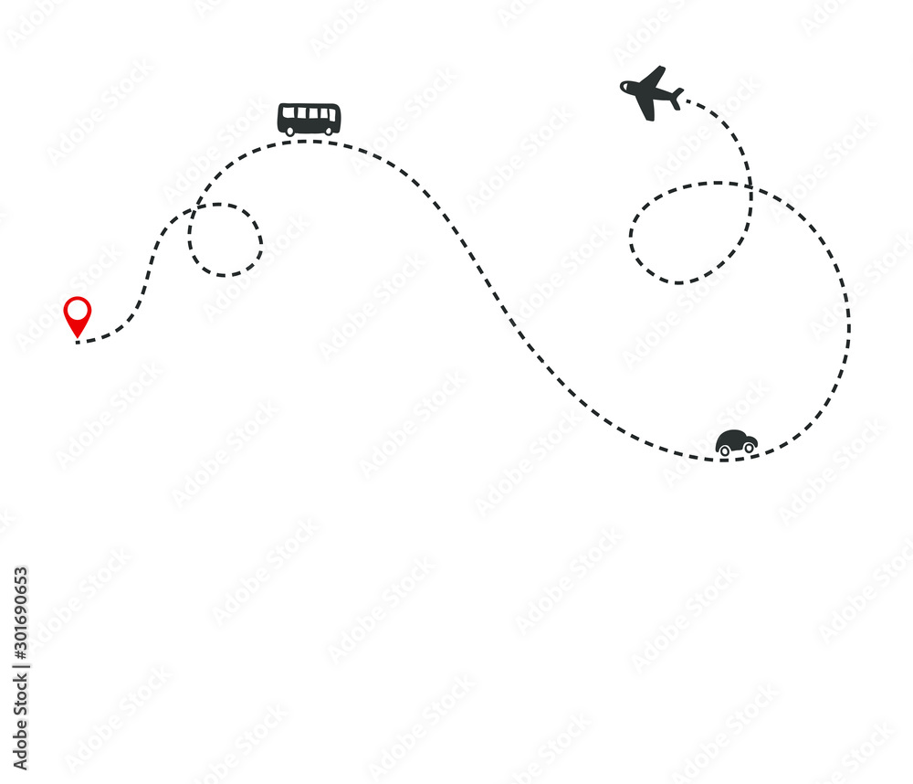 Naklejka Wiele sposobów transportu na trasie. Ścieżka lotu samolotu z linią przerywaną i śladem linii przerywanej. Ikony autobusów i samochodów. Ilustracja wektorowa