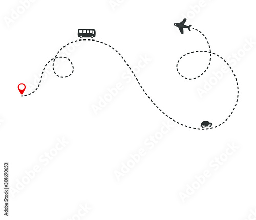Multiple transportation ways on the route. Airplane flight path with dash line and dash line trace. Bus and car icons. Vector Illustration