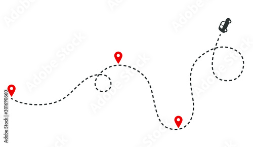 Car route monochrome concept with automobile path and map pointers. Isolated vector illustration