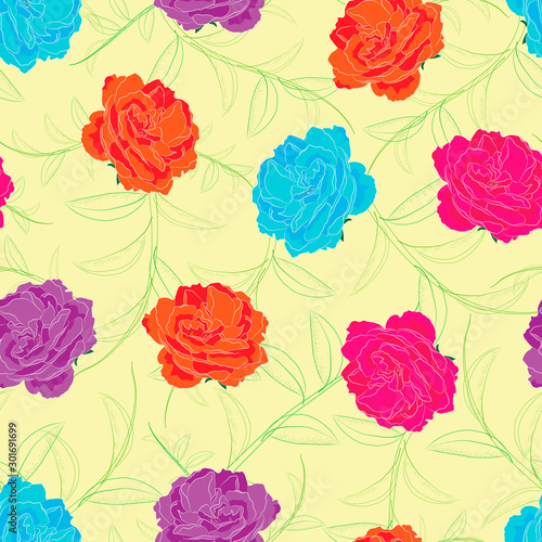 raster illustration. colorful roses with leaves sketch on pastel yellow background seamless repeat pattern. best for textiles, apparels, packaging and other surface designs.