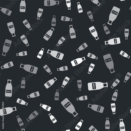 Grey Closed glass bottle with milk and cap icon isolated seamless pattern on black background. Vector Illustration