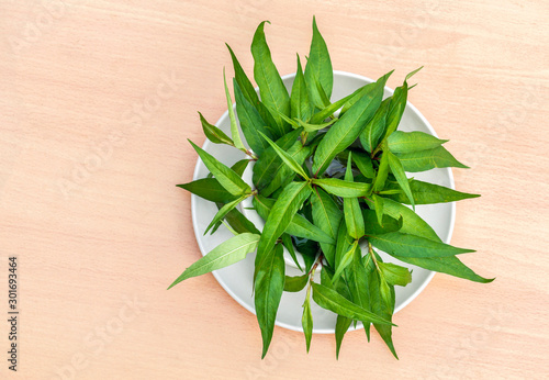Top view of fresh Vietnamese coriander plant in bowl and plate on wood table