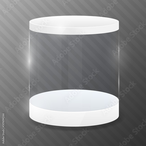 Glass cylinder with white podium. Design template.