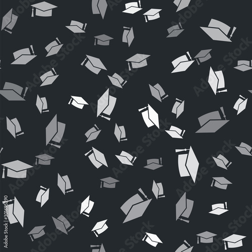 Grey Graduation cap icon isolated seamless pattern on black background. Graduation hat with tassel icon. Vector Illustration