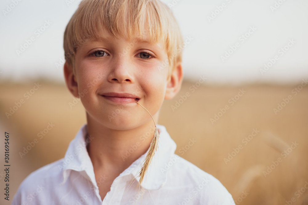 Face close - up of a boy of eight years. Portrait of a smiling boy in nature looking at the camera. Happy blond boy with a smile on his face. Child in a white shirt with blue eyes in nature. - obrazy, fototapety, plakaty 