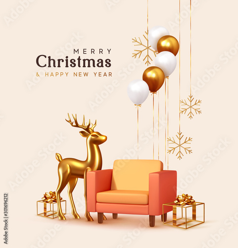 Merry Christmas and Happy New Year. Interior composition, realistic festive helium balloons, 3d render chair, gift box, hanging on ribbon snowflakes. Xmas Metallic gold reindeer. Christmas golden deer