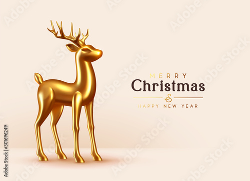Merry Christmas and Happy New Year. Background with Gold Glass Reindeer. Decorative metallic 3d render deer. Xmas holiday. Greeting card, banner, festive poster