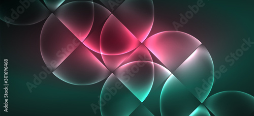 Techno glowing glass geometric shapes vector background, futuristic dark template with neon light effects and simple forms