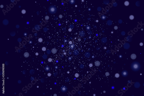 Blue bokeh background. Christmas glowing lights with sparkles. Holiday decorative effect.