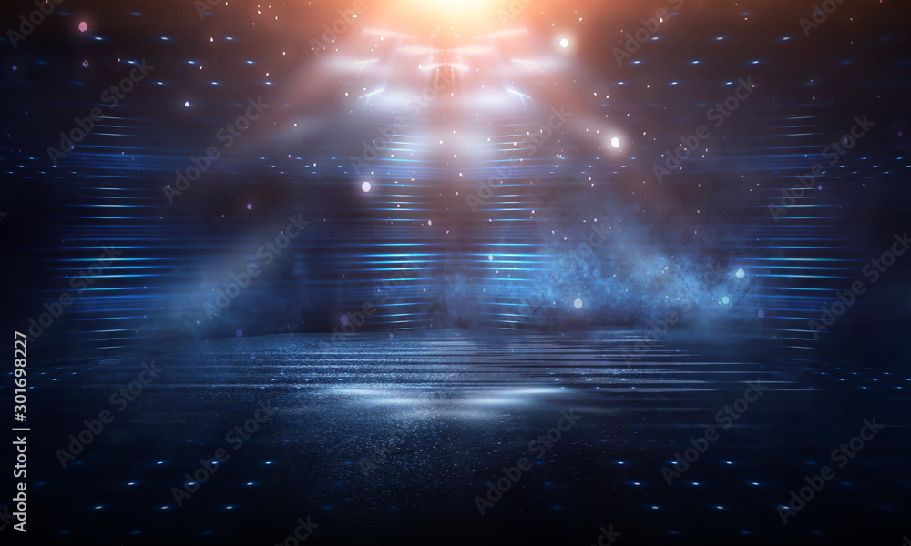 Empty dark background scene of the show. Neon abstract light, spotlights. Light tunnel, corridor, scene. Multi-colored glow, lights, lines.