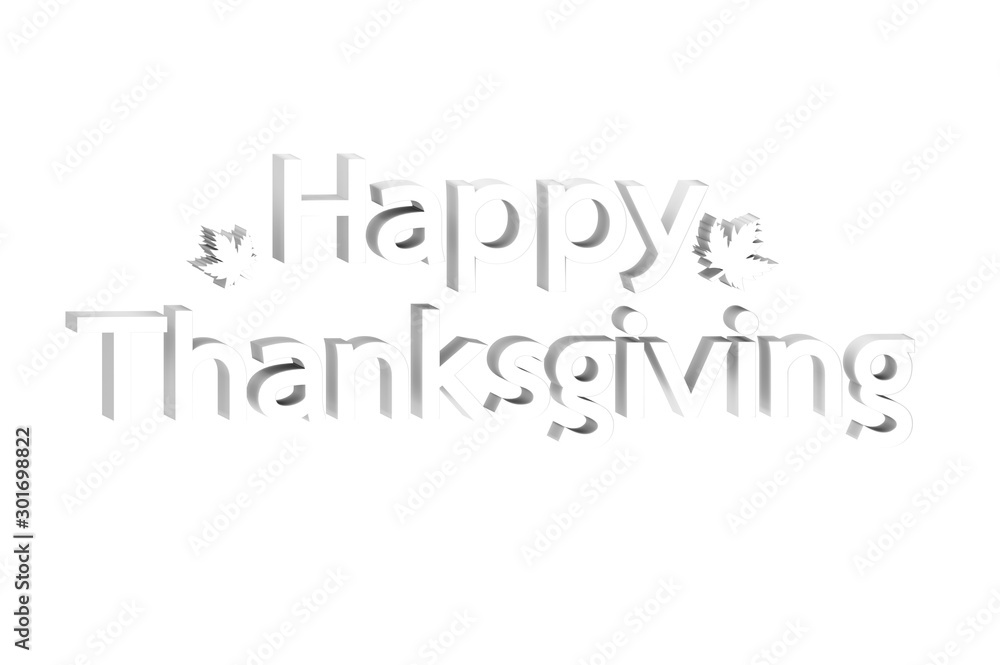 white Happy Thanksgiving word with leaf isolated on white background - typography 3d render flat style white Happy Thanksgiving word with leaf isolated on white background - typography 3d render flat style