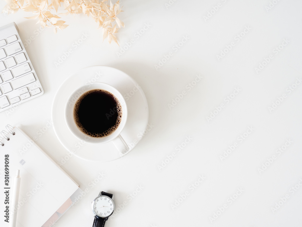top view of office desk table with coffee cup, keyboard and notebook on white background, graphic designer, Creative Designer concept. - obrazy, fototapety, plakaty 
