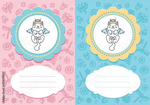 Cute baby cards. Baby-girl and baby-boy cards with angel kittens on floral background. Some blank space for your text included.