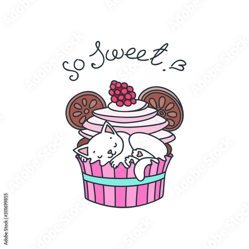 So sweet  Cute illustration of a little white kitten sleeping in a cupcake isolated on white. Vector 8 EPS.