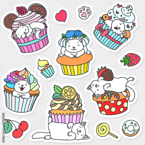 Set of cute stickers. Illustration of funny white cats with cupcakes. Vector 8 EPS