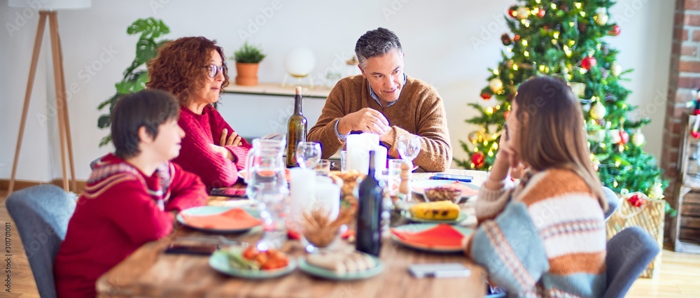 Beautiful family smiling happy and confident. Eating roasted turkey celebrating christmas at home Beautiful family smiling happy and confident. Eating roasted turkey celebrating christmas at home