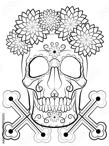 black-and-white illustration for self-coloring with the image of a human skull with a cross, a symbol of the holiday Day of the dead