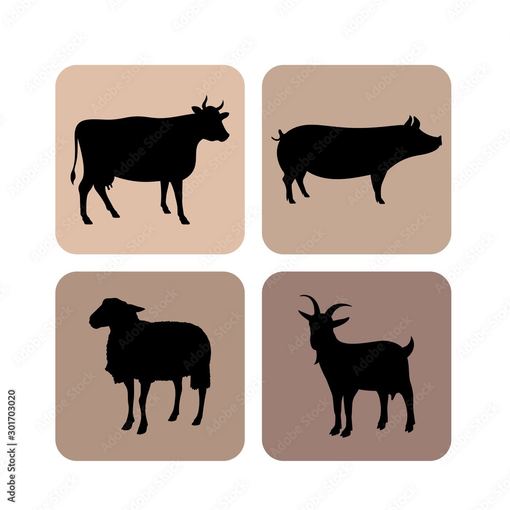 Farm animals silhouettes. Cow, pig, goat, sheep vector silhouette