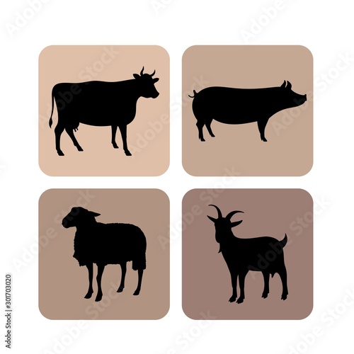 Farm animals silhouettes. Cow  pig  goat  sheep vector silhouette