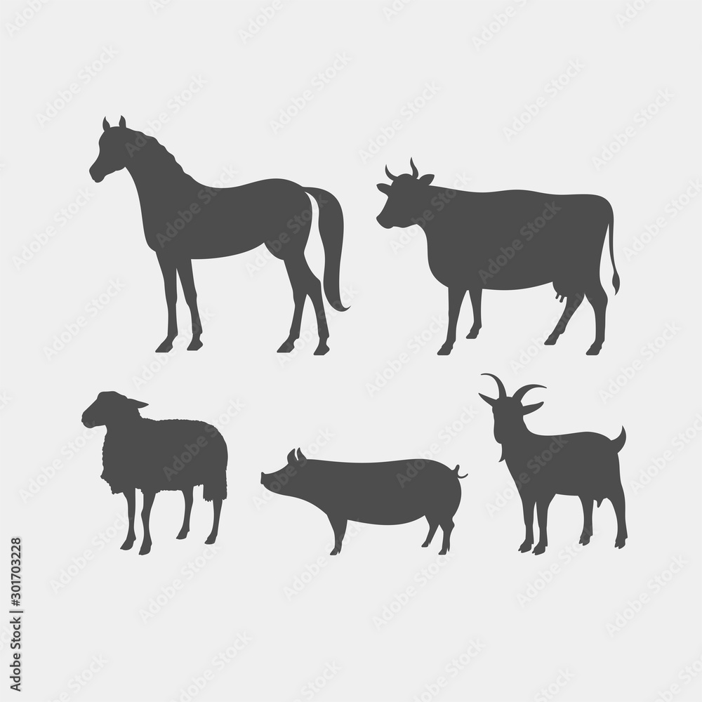 Farm animals silhouettes. Horse, cow, pig, goat, sheep vector silhouette