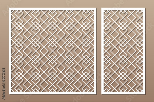 Set decorative card for cutting. Linear square geometric celtic weave pattern. Laser cut. Ratio 1:1, 1:2. Vector illustration.