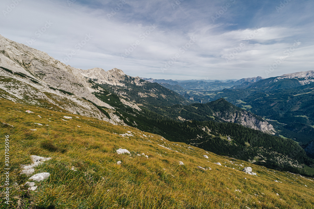 Beautiful alpine mountain landscape of Totes Gebirge, Austria. High rocky walls and alpine summits. Limestone mountains, green meadows. Beautiful alpine mountain landscape of Totes Gebirge, Austria. High rocky walls and alpine summits. Limestone mountains, green meadows.