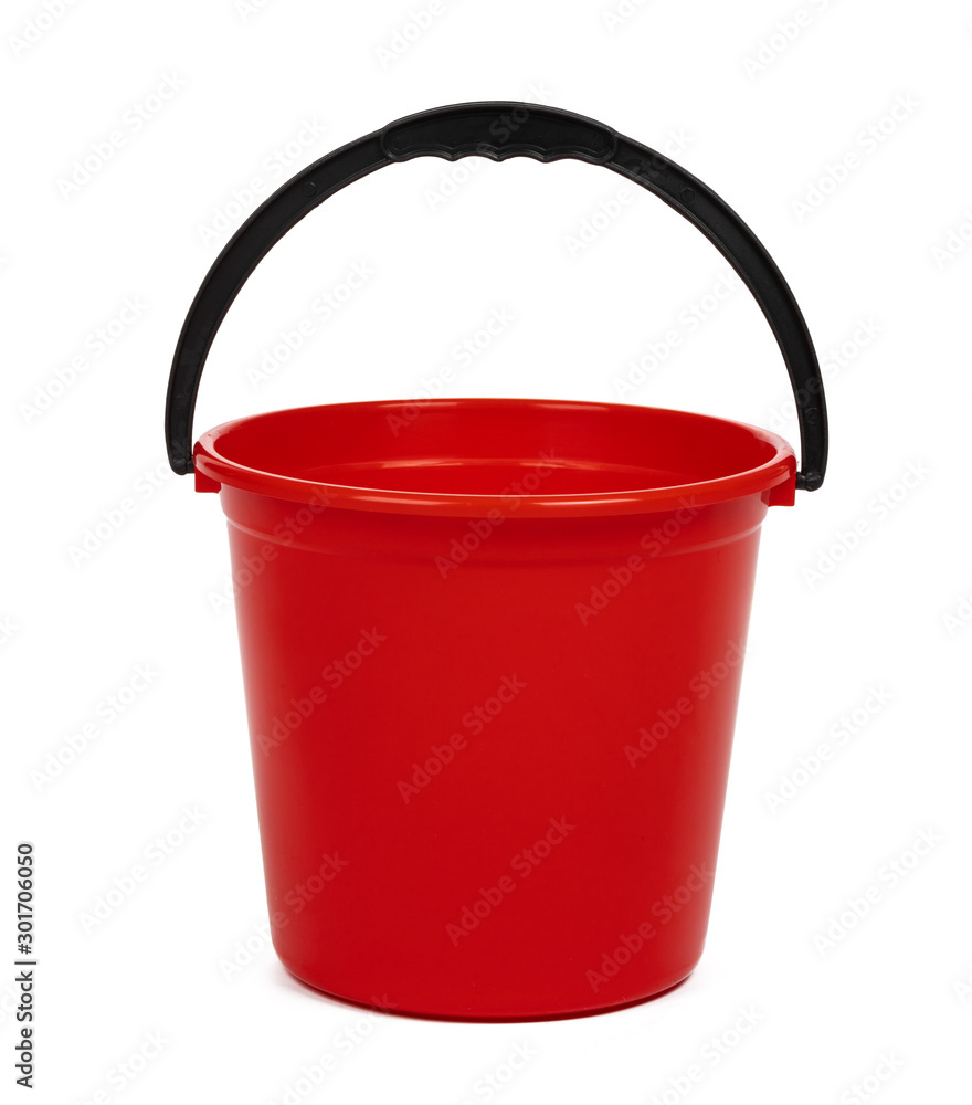 empty red plastic household bucket on a white background empty red plastic household bucket on a white background