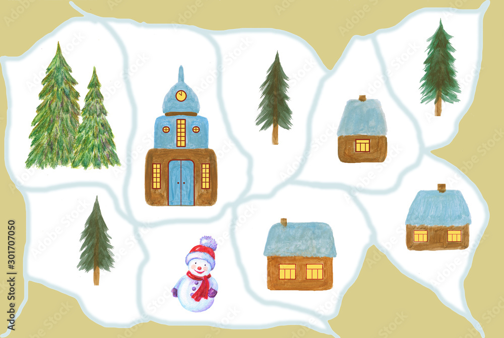 Set of winter elements - home, snowman, christmas tree, church, snow. Watercolor hand drawing illustration isolated on white background