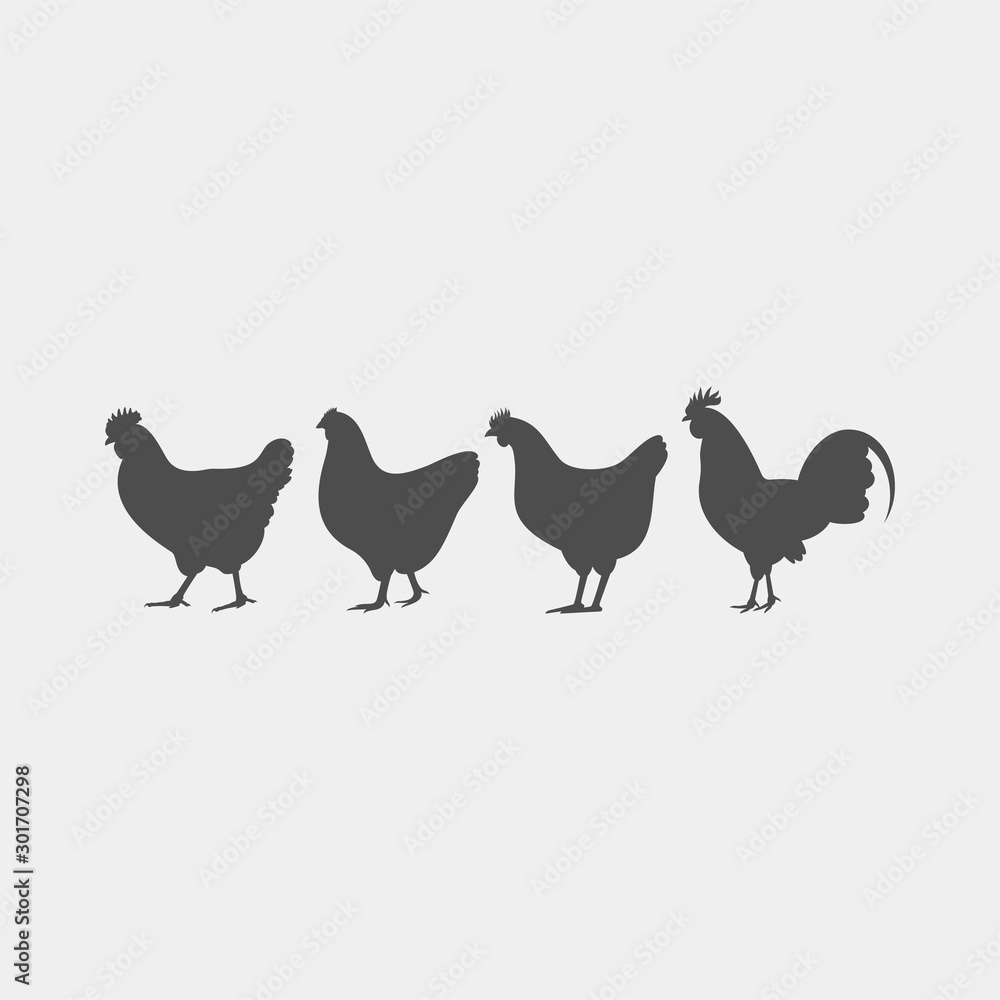 Fototapeta premium Chicken, chick, rooster vector silhouette. Farm birds silhouettes