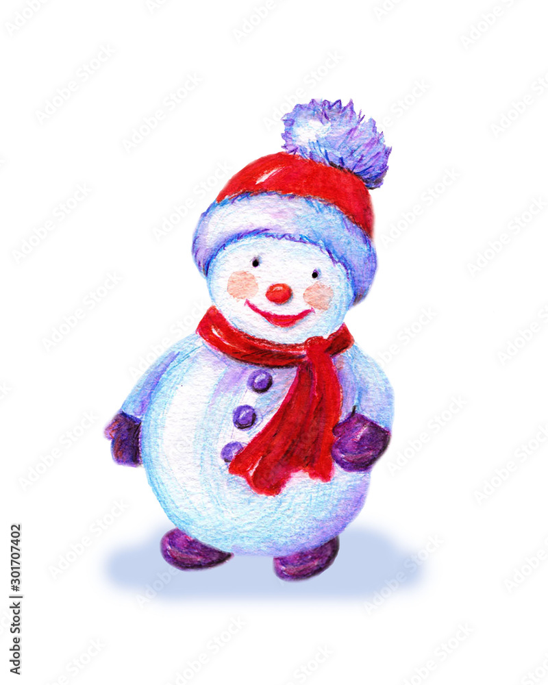 Snowman. Watercolor hand drawing illustration isolated on white background. Snowman. Watercolor hand drawing illustration isolated on white background.