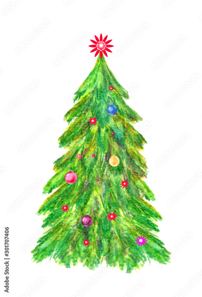Obraz premium Spruce tree. Christmas tree and decorations. Watercolor hand drawing illustration isolated on white background.