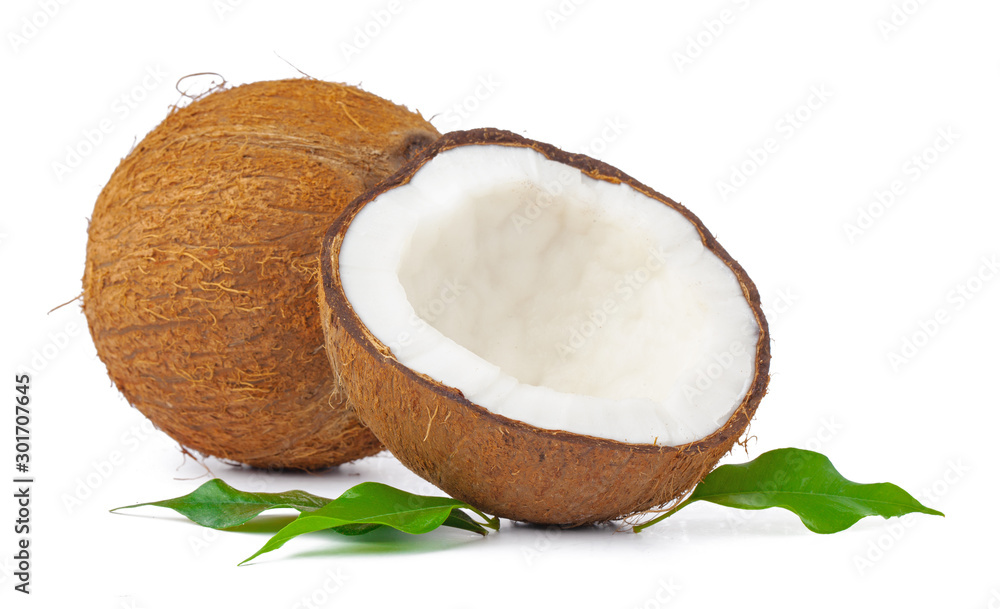 Cracked coconut with leaves isolated on white background Cracked coconut with leaves isolated on white background