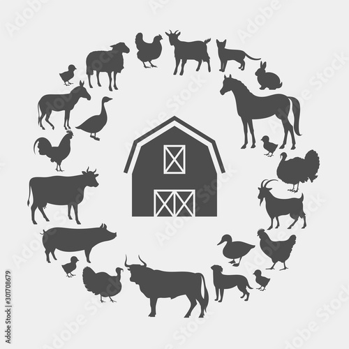 Farm animals silhouettes. Horse, cow, sheep, bull, donkey, pig, goat, rabbit, cat, dog, goose, chicken, duck, rooster, turkey vector silhouettes