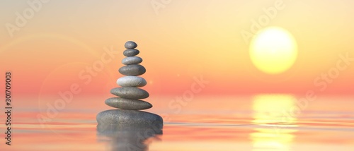 Pyramid of stones at sunset, 3D rendering.