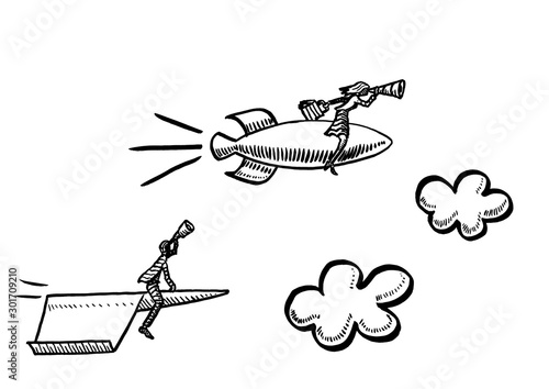 Drawn Woman On Rocket Overtaking Man On Airplane © leowolfert