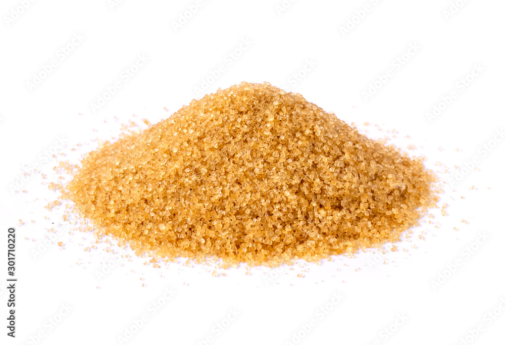Closeup pile of granulated brown sugar isolated on white background. Unhealthy diet ,awareness and stop diabetes concept. Closeup pile of granulated brown sugar isolated on white background. Unhealthy diet ,awareness and stop diabetes concept.
