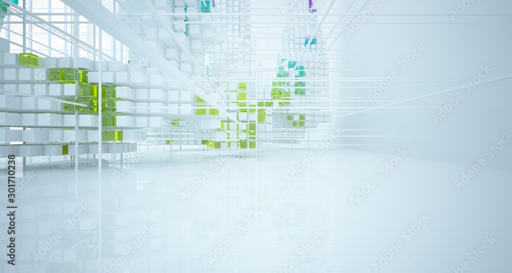 Obraz premium Abstract white and colored gradient glasses interior from an array of cubes with window. 3D illustration and rendering.