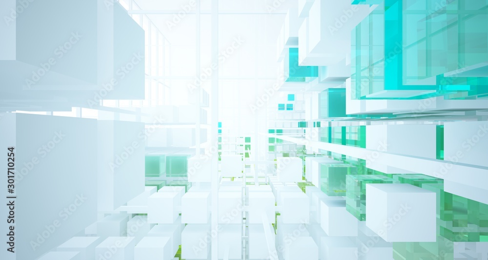Abstract white and colored gradient glasses interior from an array of cubes with window. 3D illustration and rendering.