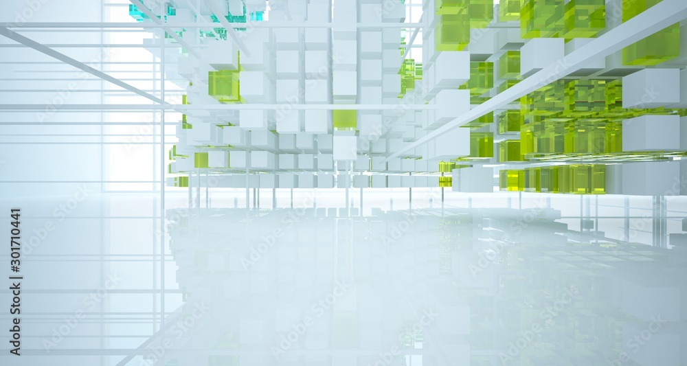 Abstract white and colored gradient glasses interior from an array of cubes with window. 3D illustration and rendering.